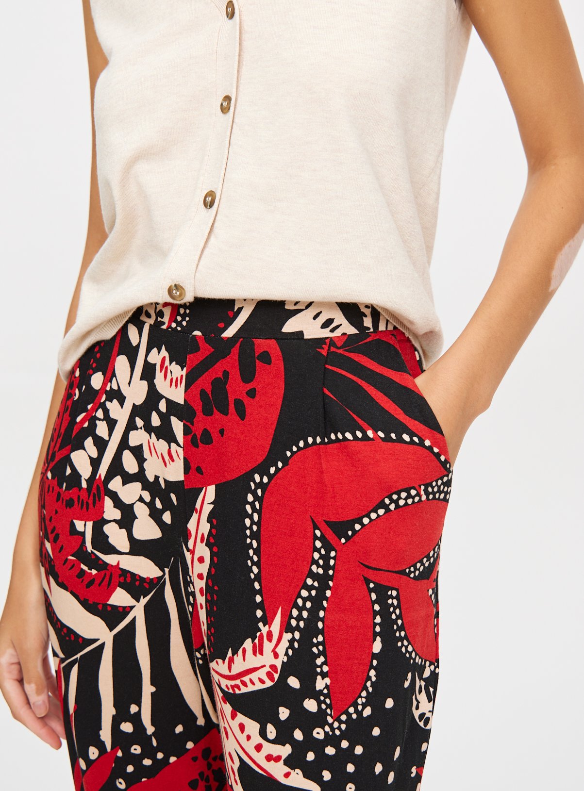Red Abstract Tropical Print Tapered Trousers  16 - Image 2 thumbnail